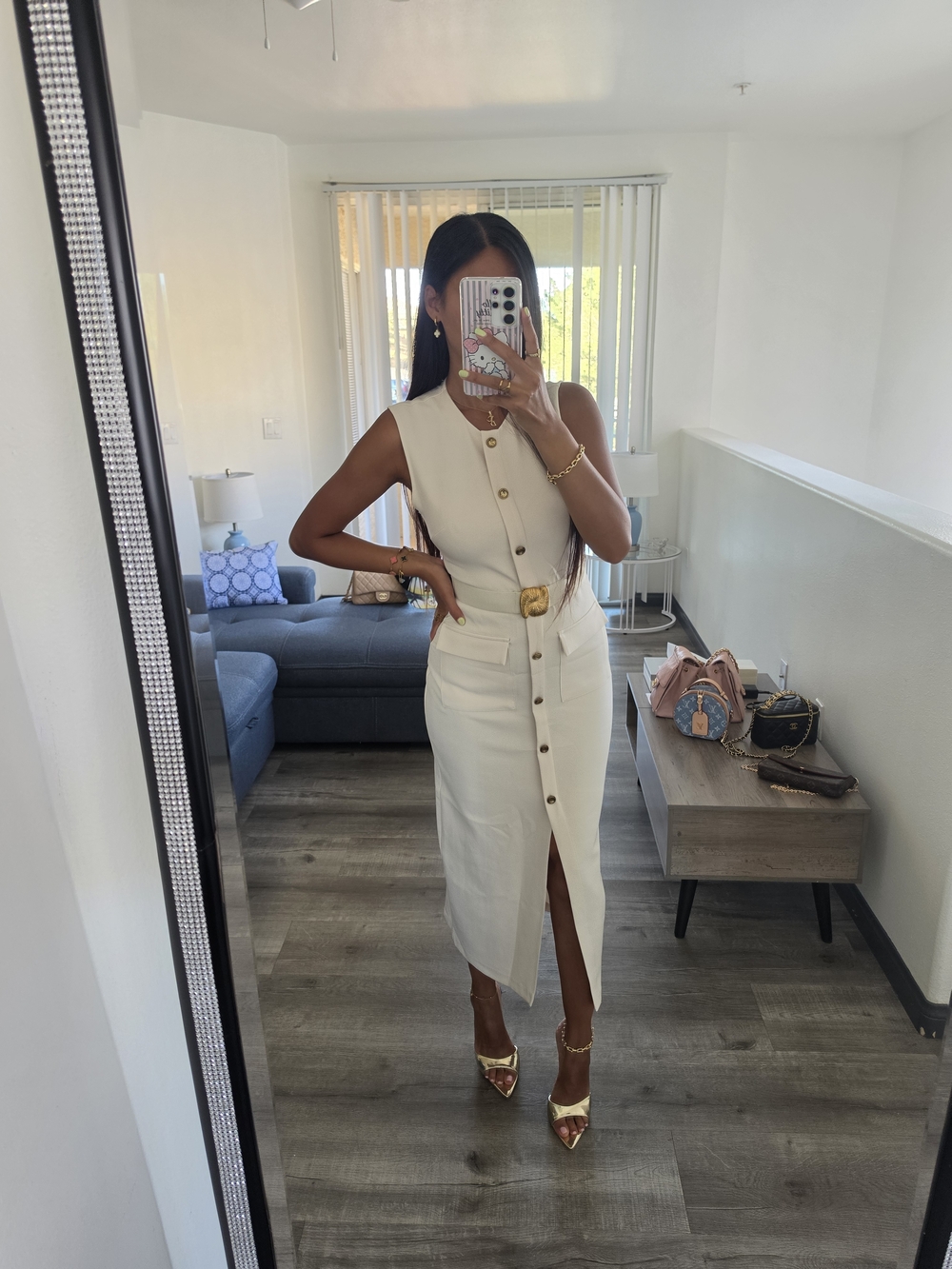 Zara Cream Button-Front Midi Dress with Gold Accents - Picture 12 of 17